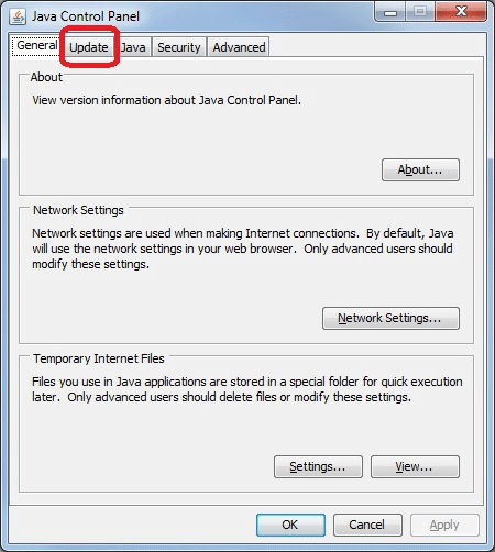 Windows 7 Java Control, Update Tab